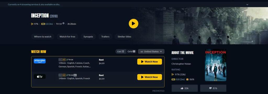 JustWatch results showing which external platforms currently offer Inception for streaming, rental, or purchase in the selected region.