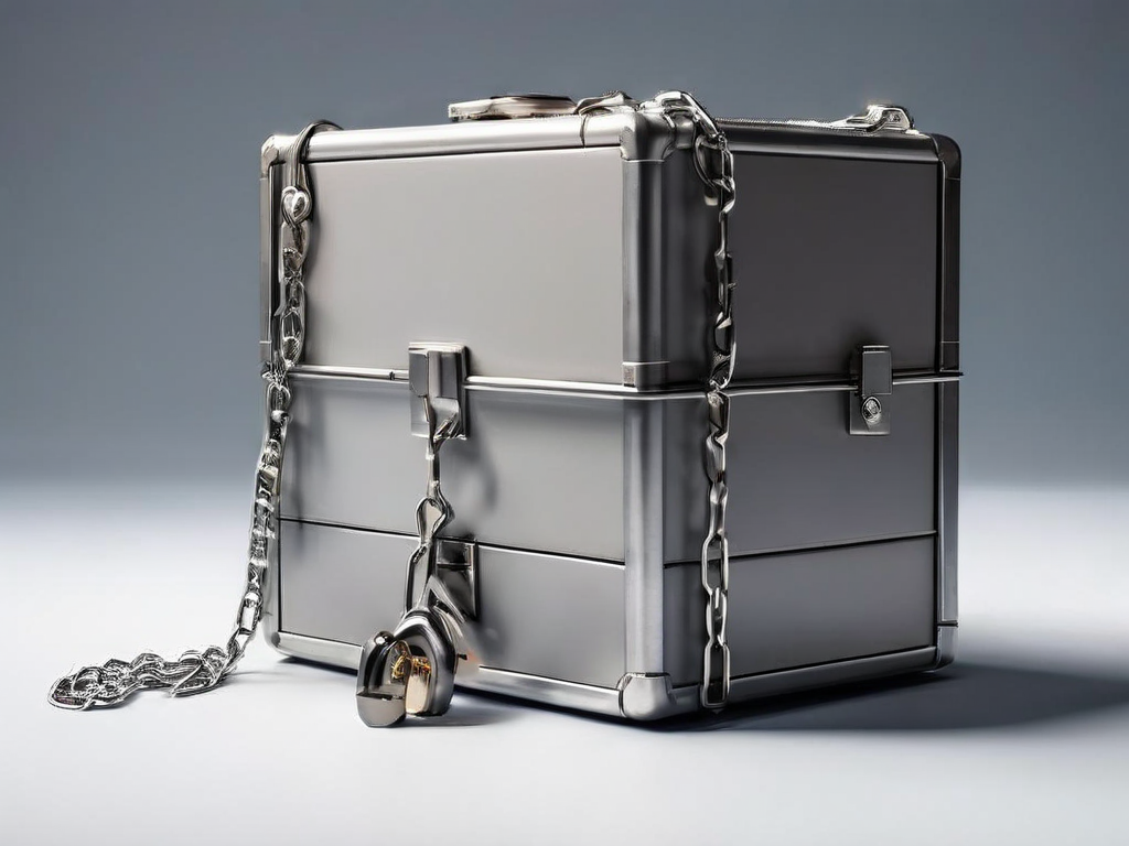 A sealed metal case on a gray surface, connected by a short chain to small blank blocks representing file locations.