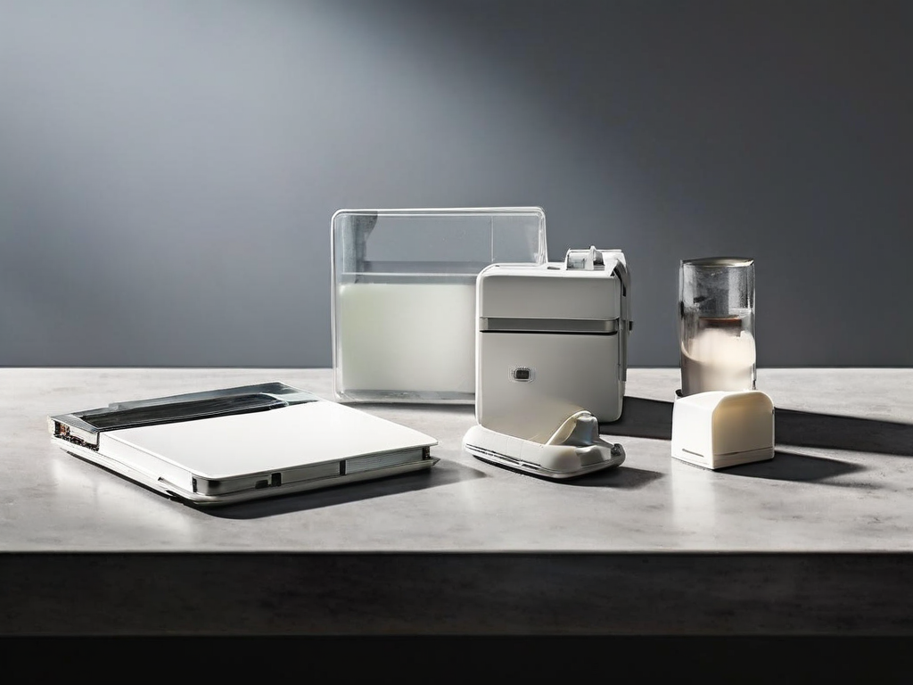 A memory card, sealed external drive, and blank photo sleeve on a stone counter, representing a saved image archive review.