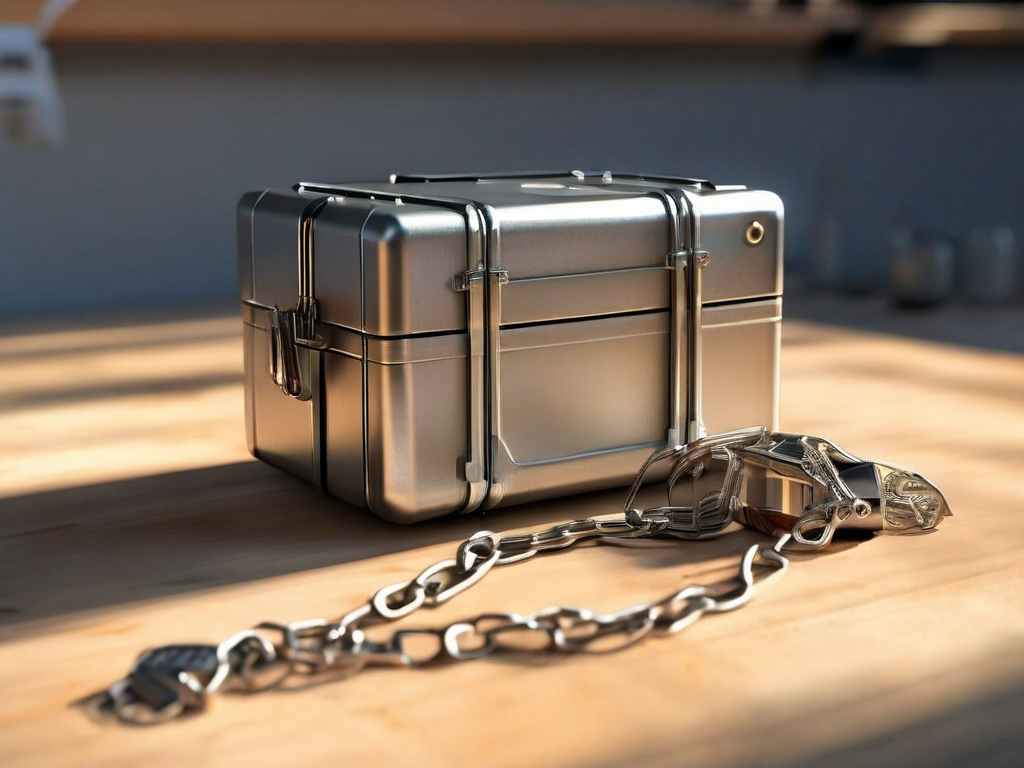 Metal case with chain and linked file blocks on brushed surface, digital storage metaphor.
