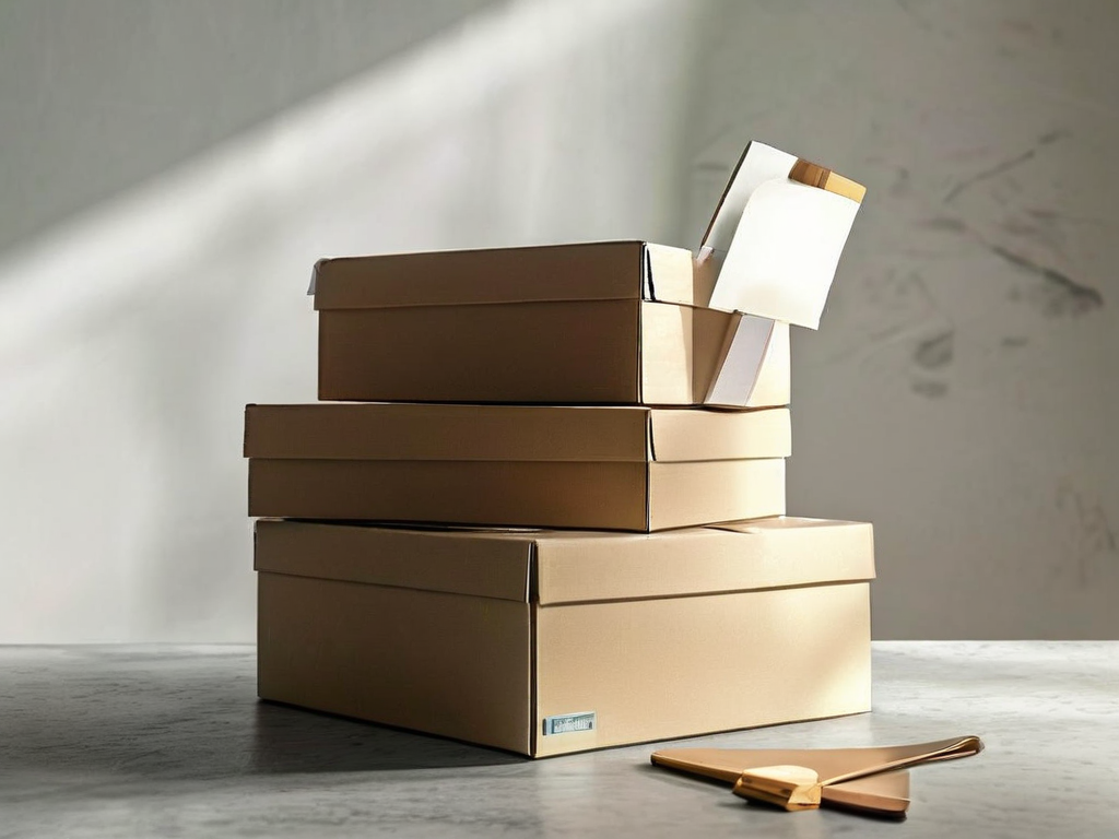Stacked archive boxes with a checklist card on top, neutral studio light, stone counter.