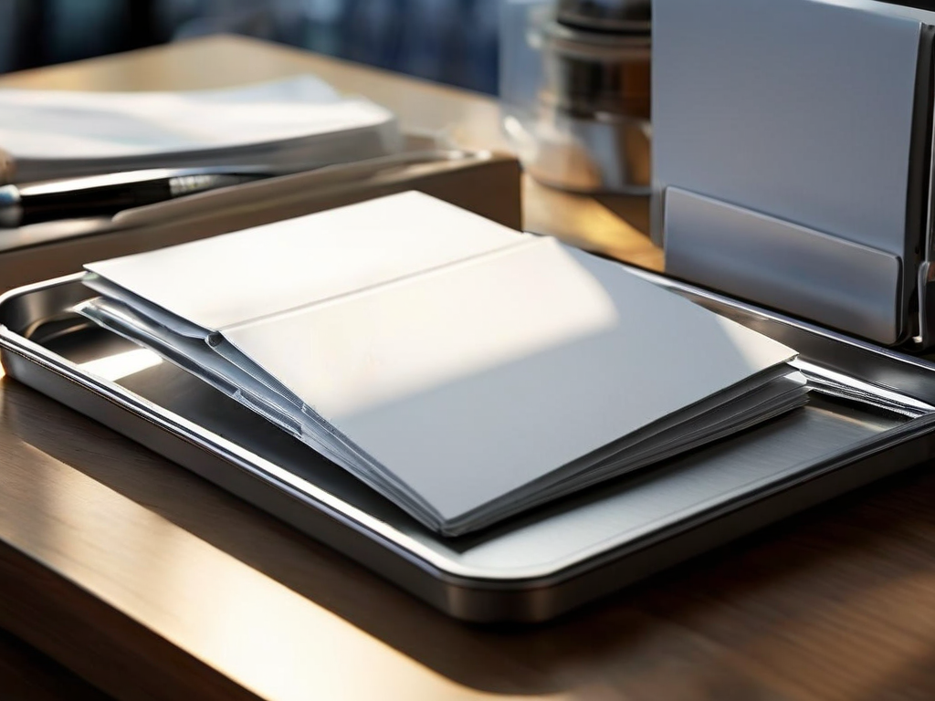 Blank divider cards in a brushed metal storage tray, organized on a surface with morning daylight and shallow depth of field.