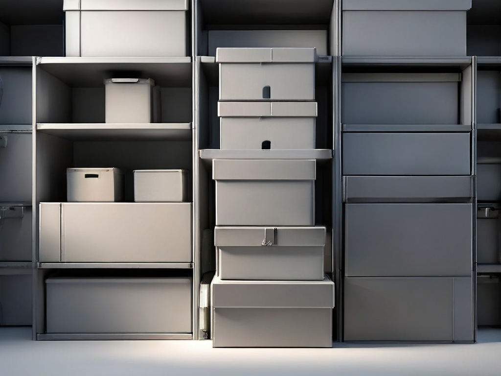 Three stacked gray archive boxes with small empty compartments, soft shadows, blank labels, studio lighting.