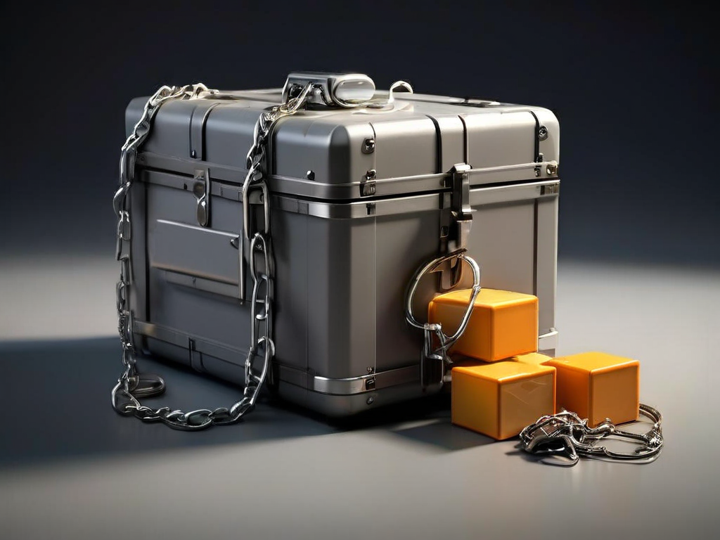 A sealed metal case with a short chain sits on a gray surface beside small blank blocks, representing restricted profile access.