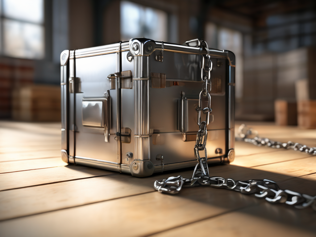 Brushed metal surface holds a sealed case, short chain, and scattered blocks, with morning light casting shadows.
