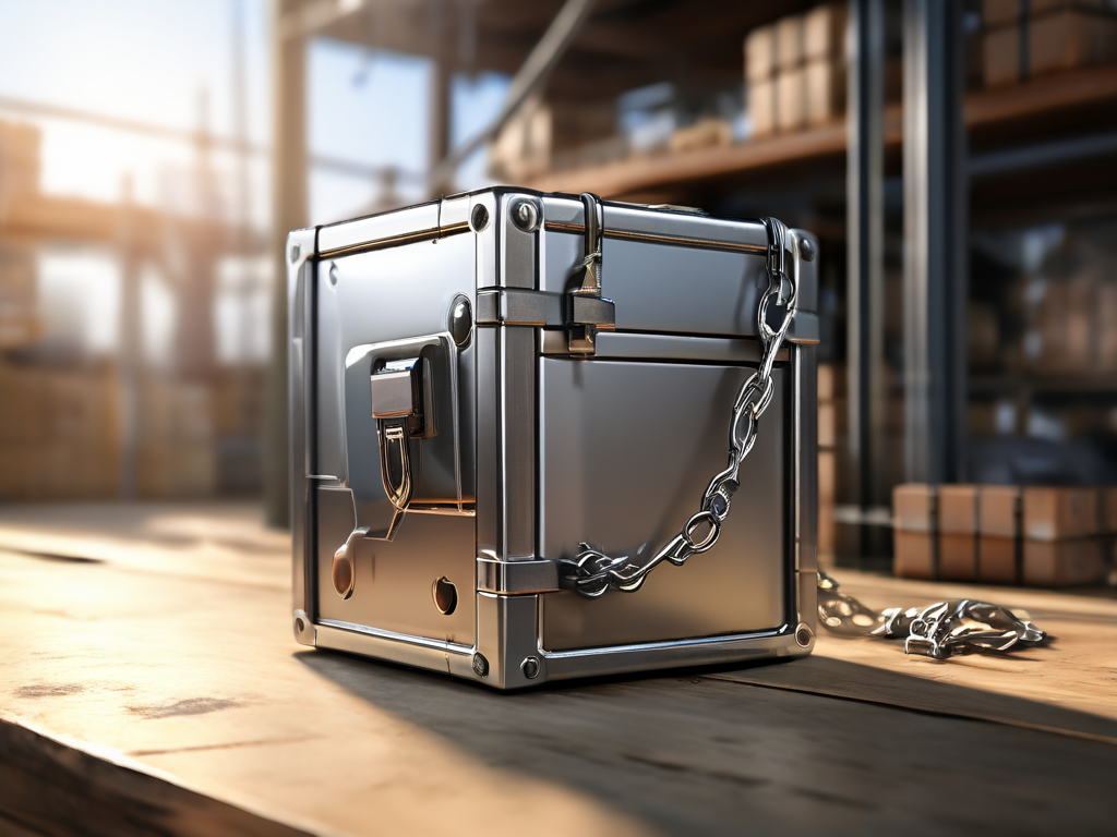 Brushed metal storage case with chain and small blocks representing organized resource links.