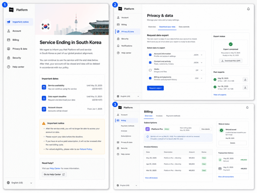 Service closure notice for South Korea shown beside account data-export and billing-history pages, including export status, invoices, and refund information.