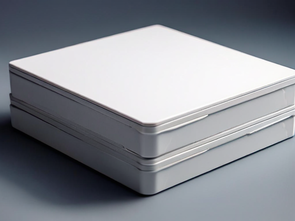 Stack of blank square cards in a clear storage tray on gray surface, soft side light.