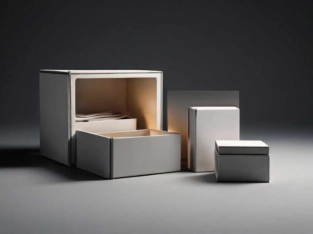 Small archive boxes with blank compartment inserts on a matte gray studio surface, soft side light, clean shadow, minimal.