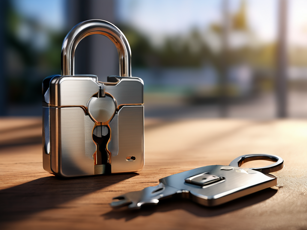 Small metal lock, closed key case, and blank security card on brushed metal surface for account safety preparation.