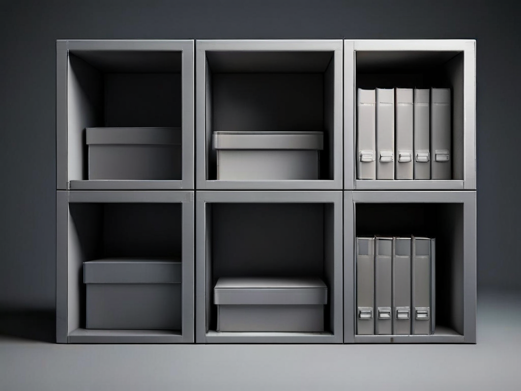 Stacked blank archive boxes with small compartmental inserts on a gray studio surface, soft side lighting, minimal composition.