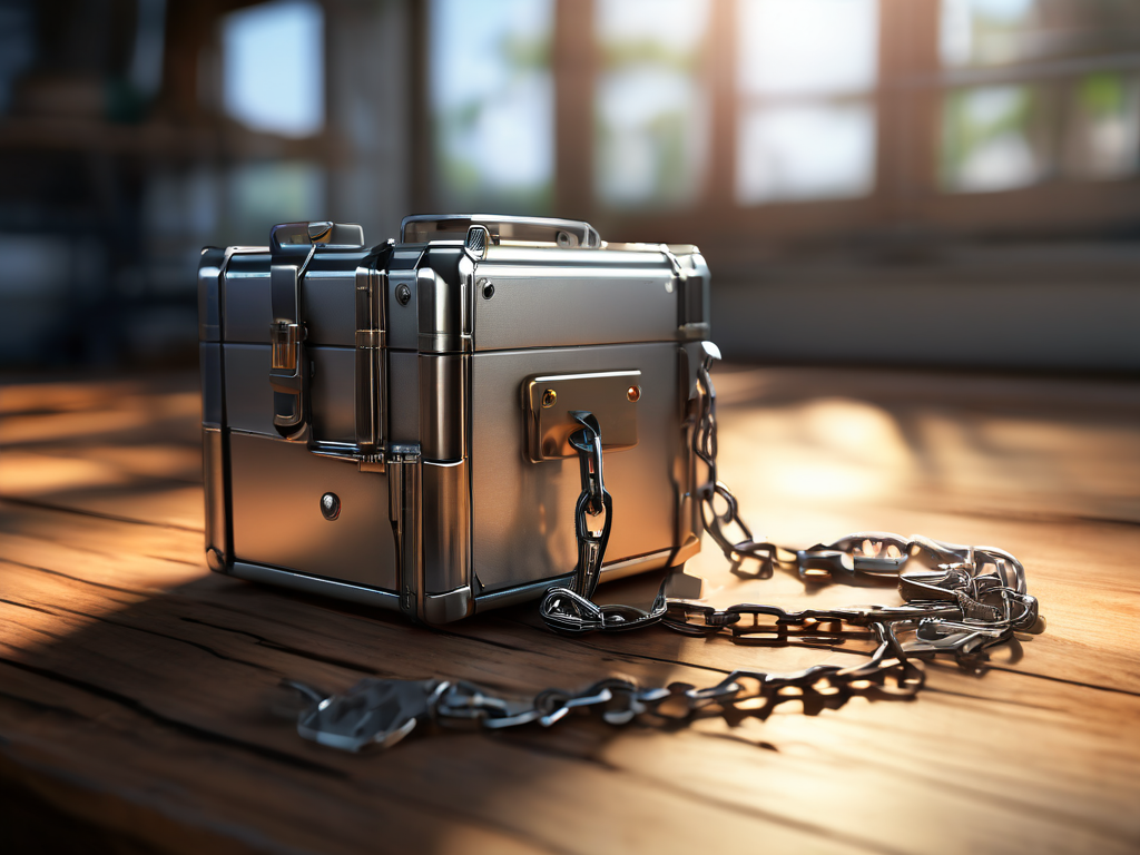 A sealed metal storage case with a short chain sits on a brushed surface, surrounded by small blank blocks representing file...